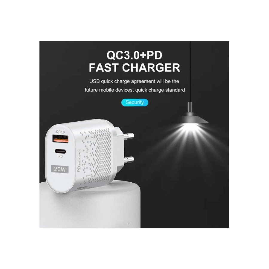 Chargeur secteur USB + USB-C, 20W - Blanc