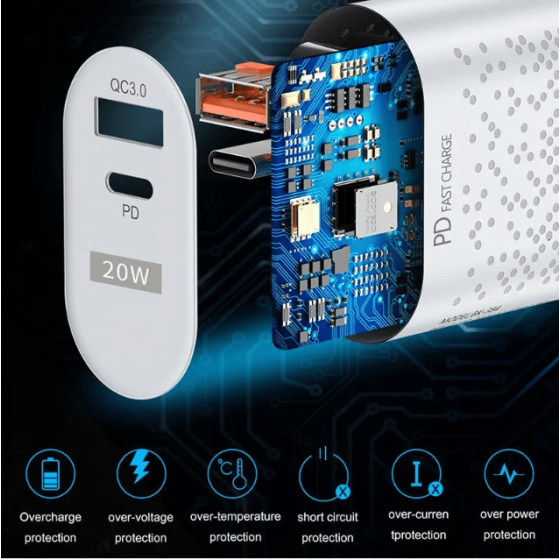 Chargeur secteur USB + USB-C, 20W - Blanc