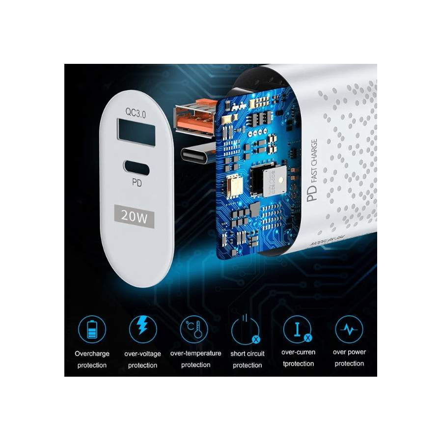 Chargeur secteur USB + USB-C, 20W - Blanc