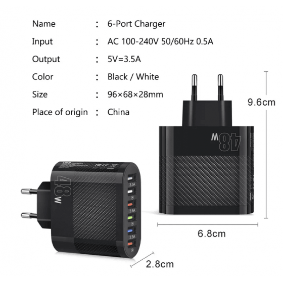 Chargeur secteur Rapide 6 port USB 48W - Noire