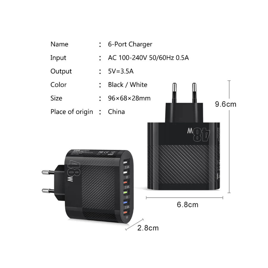 Chargeur secteur Rapide 6 port USB 48W - Noire