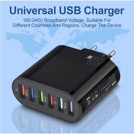 Chargeur secteur Rapide 6 port USB 48W - Noire