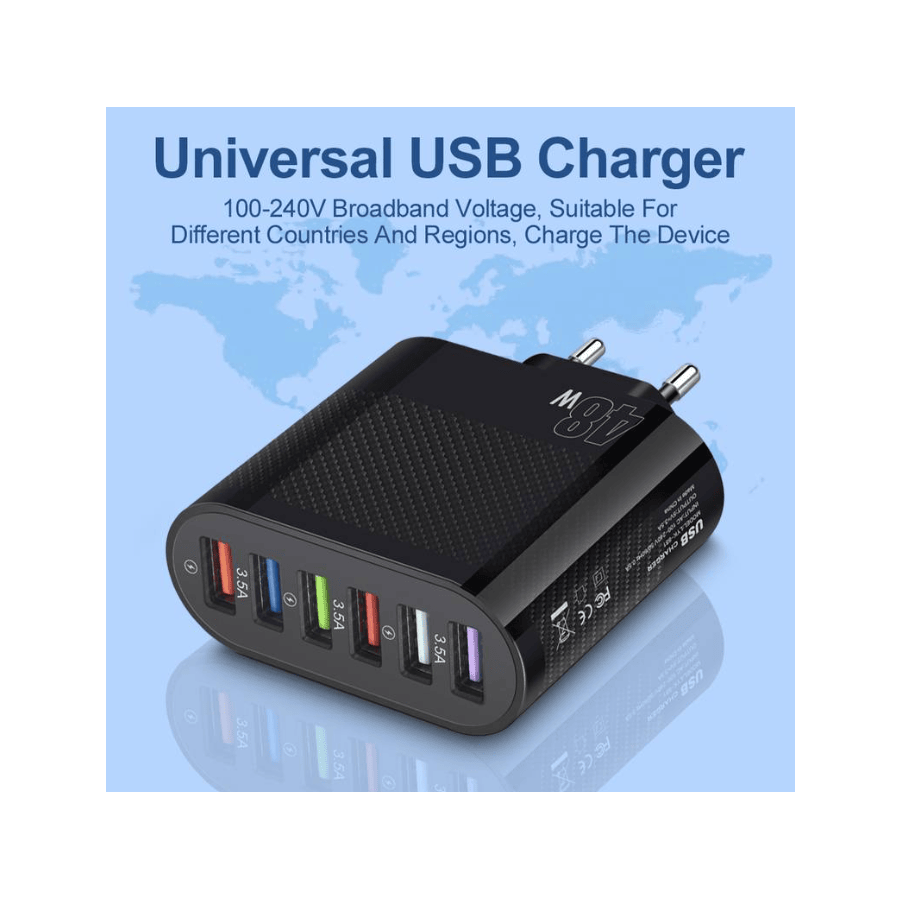 Chargeur secteur Rapide 6 port USB 48W - Noire