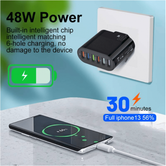 Chargeur secteur Rapide 6 port USB 48W - Noire