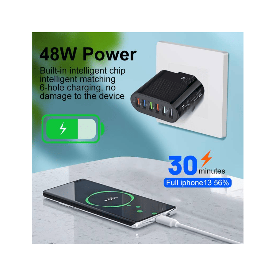 Chargeur secteur Rapide 6 port USB 48W - Noire