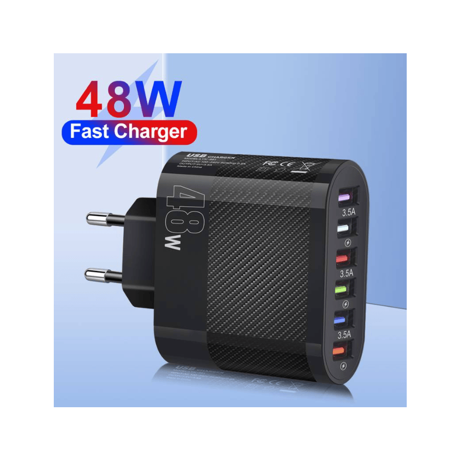 Chargeur secteur Rapide 6 port USB 48W - Noire