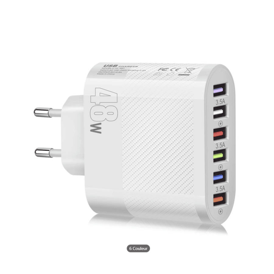 Chargeur secteur Rapide 6 port USB 48W - Blanc