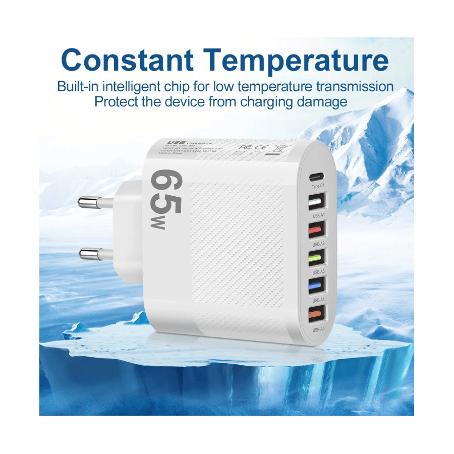 Chargeur secteur Rapide 5 port USB, 1 USB-C 65W - Blanc