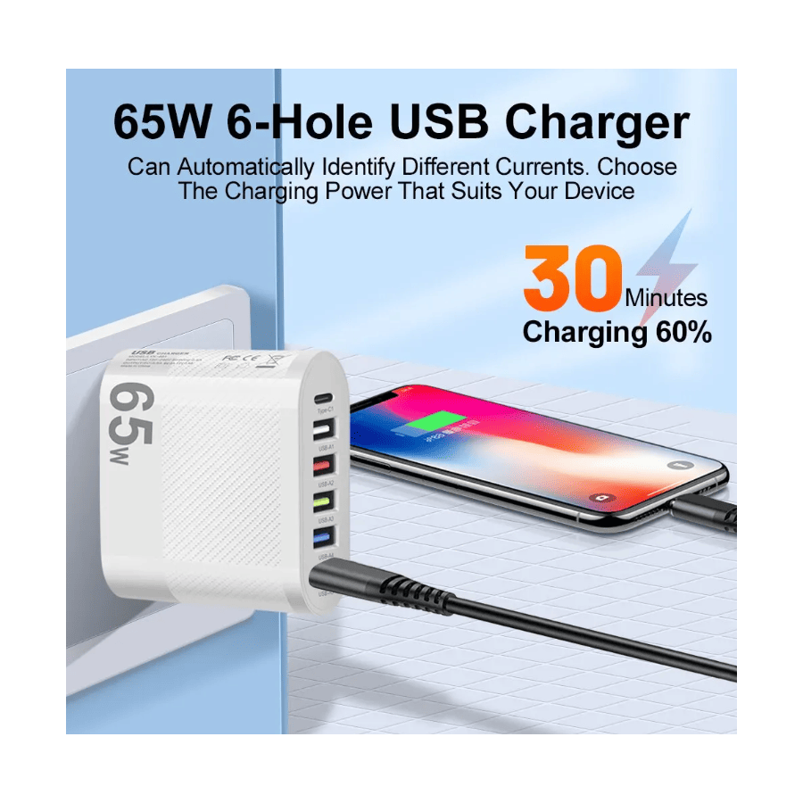 Chargeur secteur Rapide 5 port USB, 1 USB-C 65W - Blanc