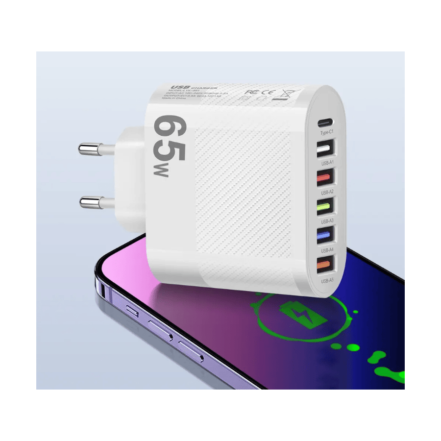 Chargeur secteur Rapide 5 port USB, 1 USB-C 65W - Blanc
