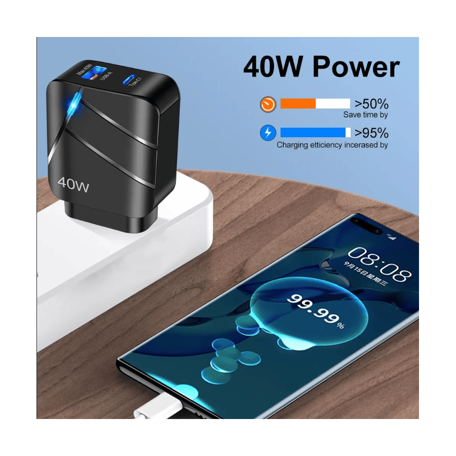 Chargeur secteur USB + USB-C, 40W - Noire