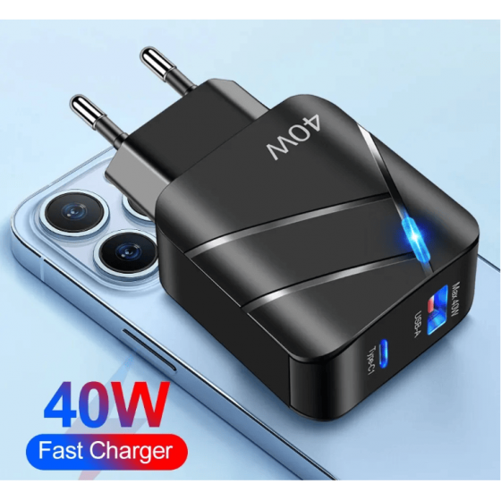 Chargeur secteur USB + USB-C, 40W - Noire