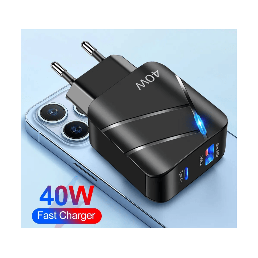 Chargeur secteur USB + USB-C, 40W - Noire