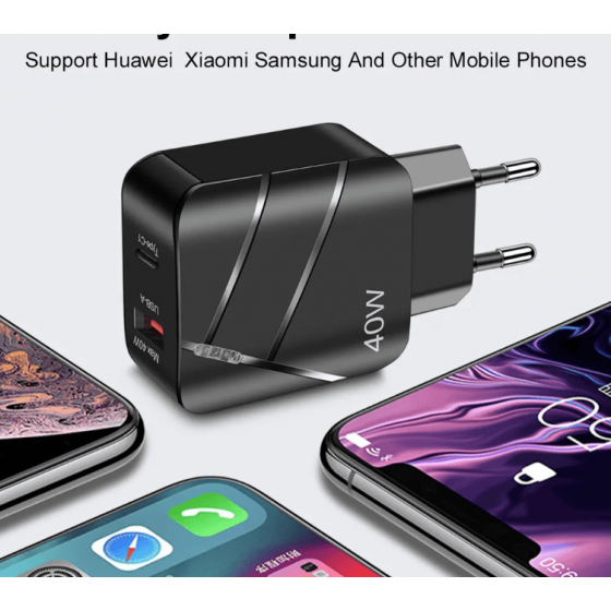 Chargeur secteur USB + USB-C, 40W - Noire