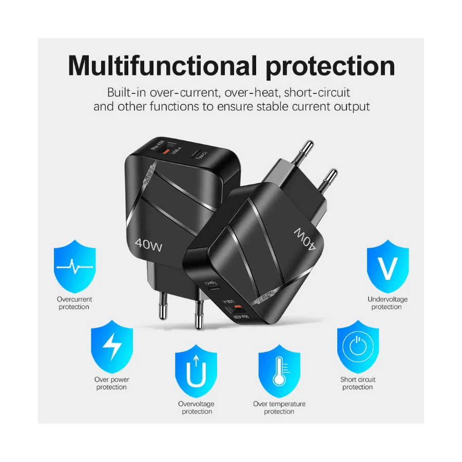 Chargeur secteur USB + USB-C, 40W - Noire