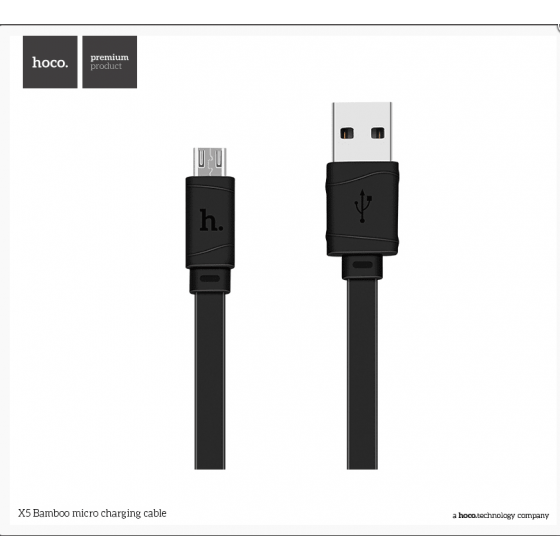 Câble de charge Micro USB HOCO Bambo Câble plat 1 m, 2.4 A - Noir