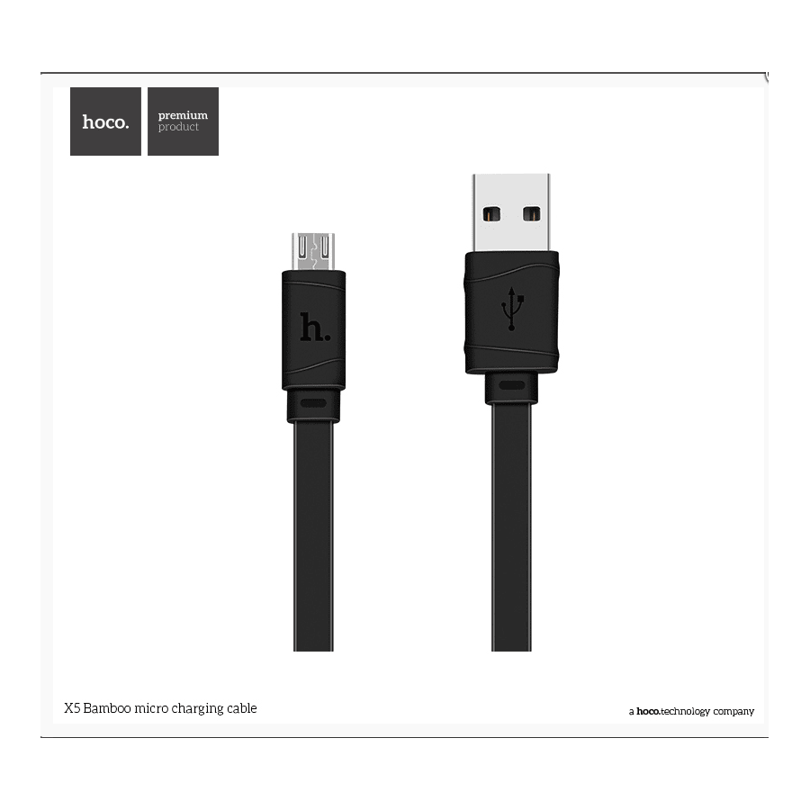 Câble de charge Micro USB HOCO Bambo Câble plat 1 m, 2.4 A - Noir