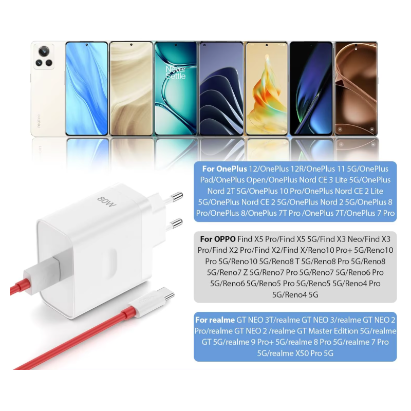 Chargeur 80W pour OnePlus SuperVOOC EU chargeur mural rapide pour OnePlus plus Câble Type C câble USB