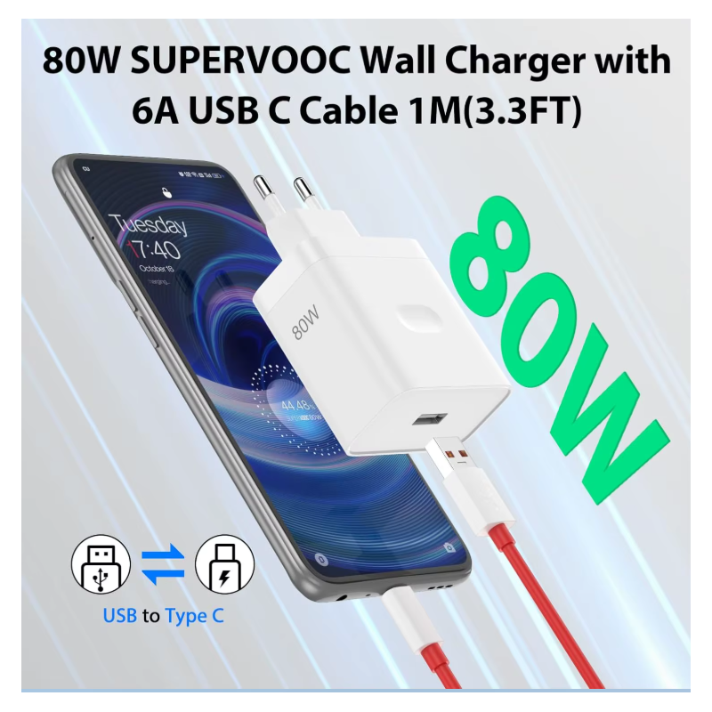 Chargeur 80W pour OnePlus SuperVOOC EU chargeur mural rapide pour OnePlus plus Câble Type C câble USB