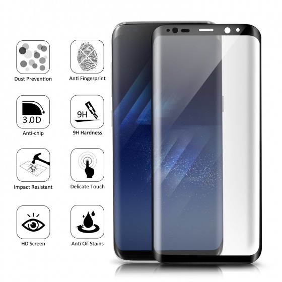 Film verre trempé 0.3mm 9H surface 3D à bords incurvés Samsung Galaxy S8 - Noir