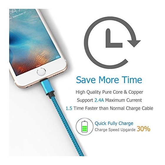 Câble USB Lightning 2m tressé incassable pour iPhone et iPad – Bleu
