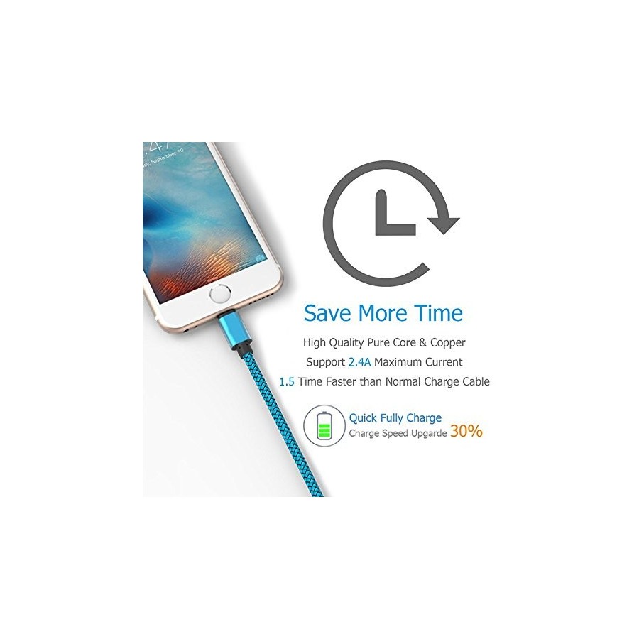 Câble USB Lightning 3m tressé incassable pour iPhone et iPad – Bleu