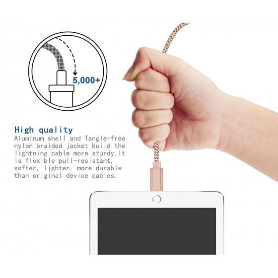 Câble USB Lightning 1m tressé incassable pour iPhone et iPad – Rose